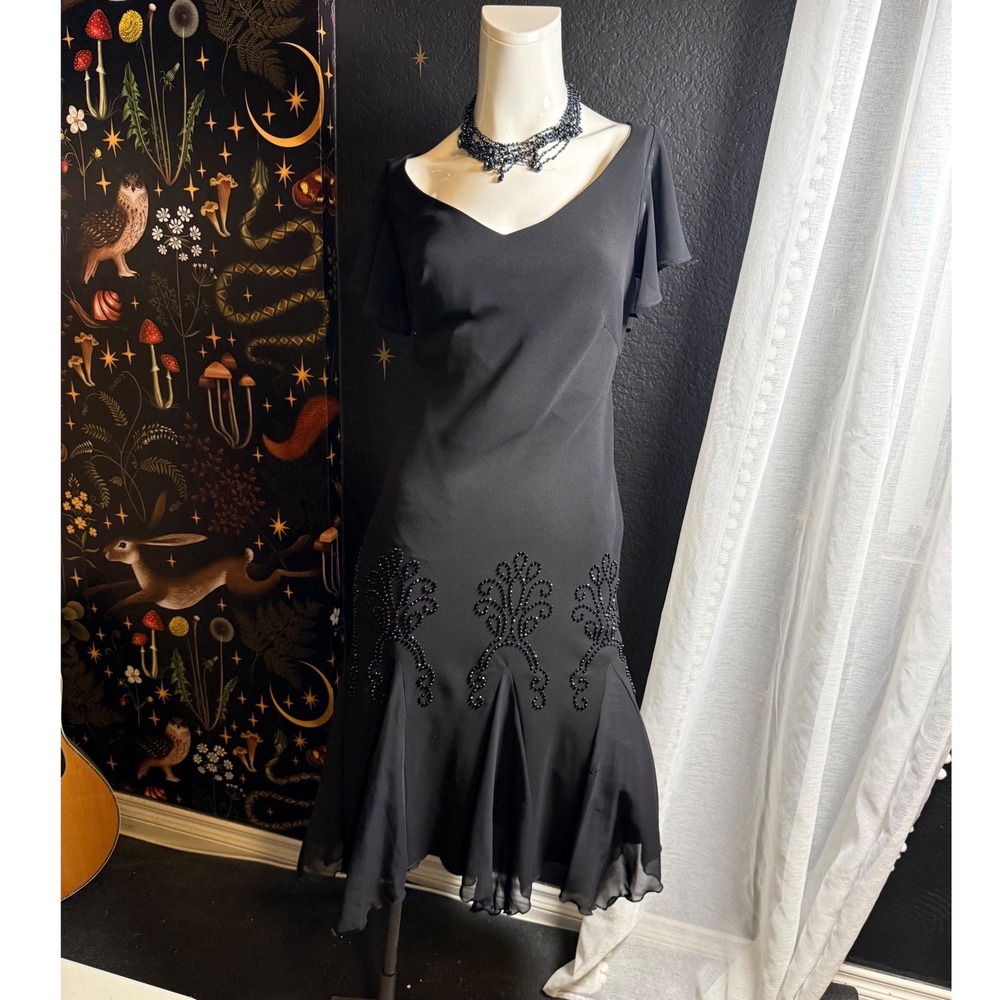 S.L. Fashions Woman Black Beaded Handkerchief Hem Dress Flutter Sleeve 16W USA
